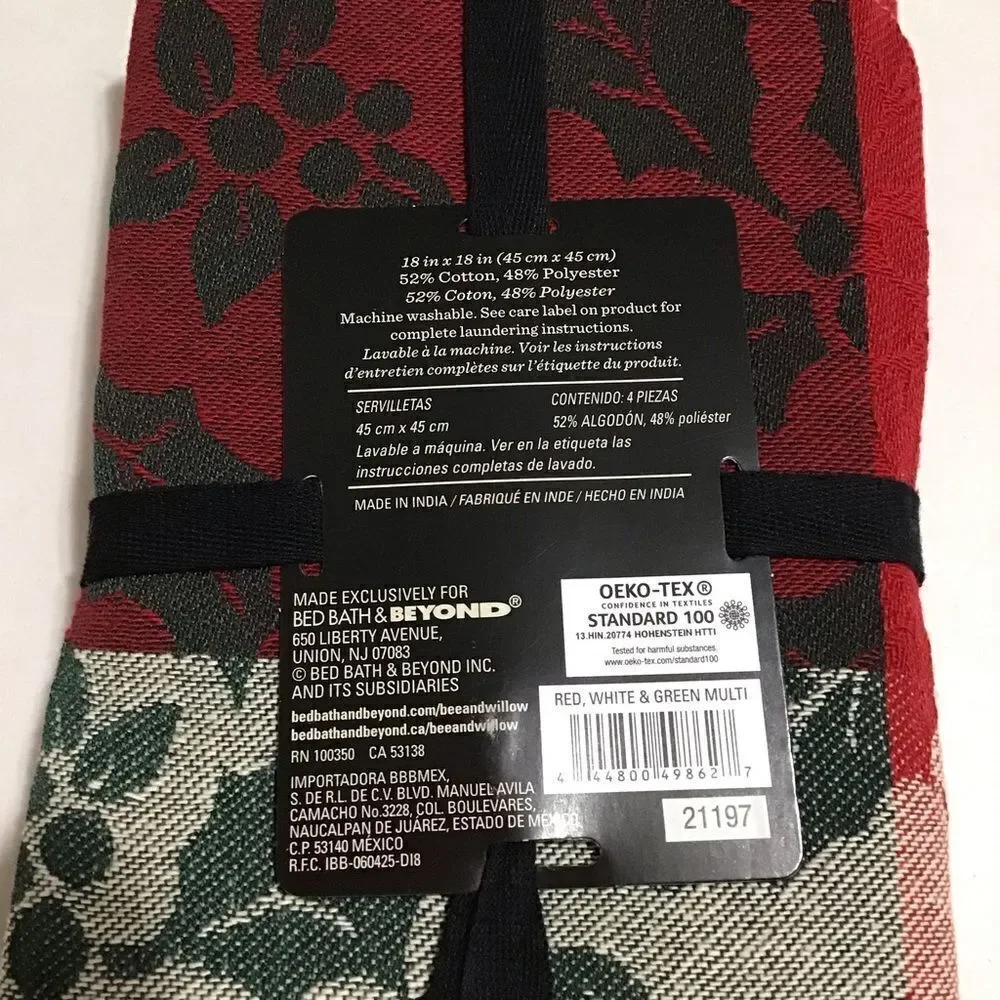 Bee &‎ Willow Holly Jacquard Napkin Set 18x18 BB& B New